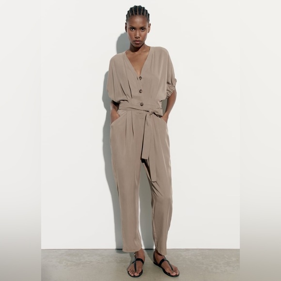 Zara Pants - Zara Long Belted Mid-Camel Jumpsuit- Size Small- New with Tags